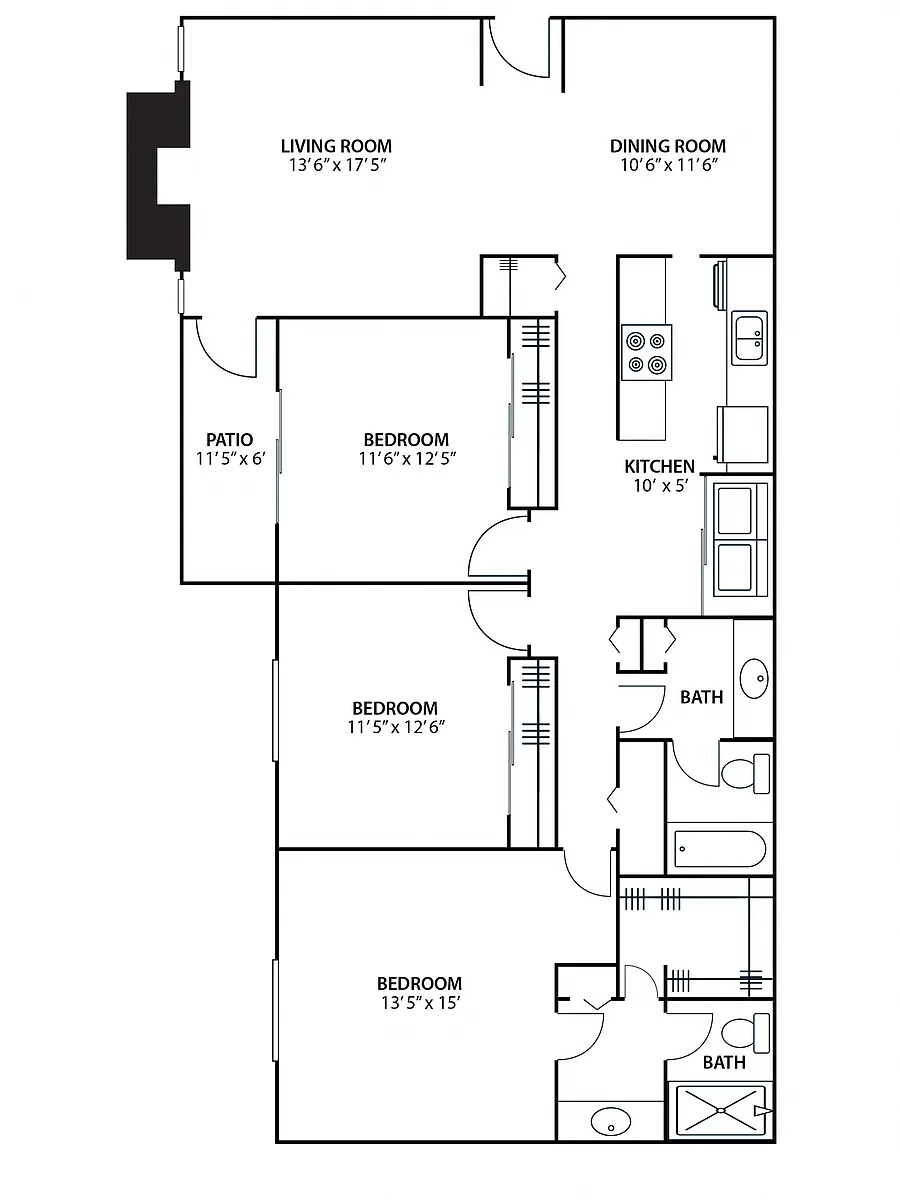 Floor plan 3BR 2BA (1520 SF)
