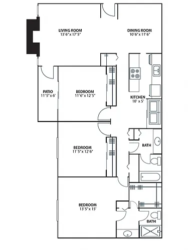 Floor plan 3BR 2BA (1520 SF)