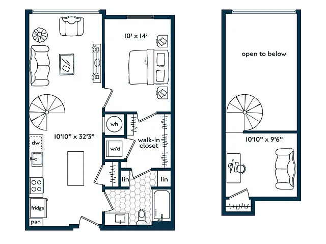Floor plan One Bedroom One Bath Loft (722 SF)