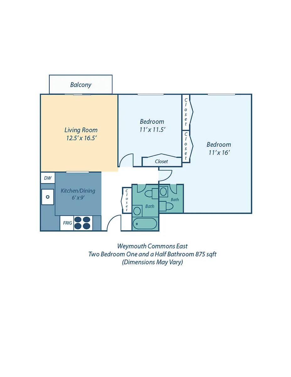 Floor plan Two Bedroom Audubon- 1.5 Baths
