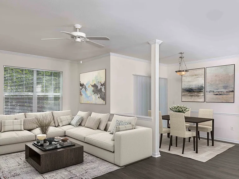 Open concept living space and dining area