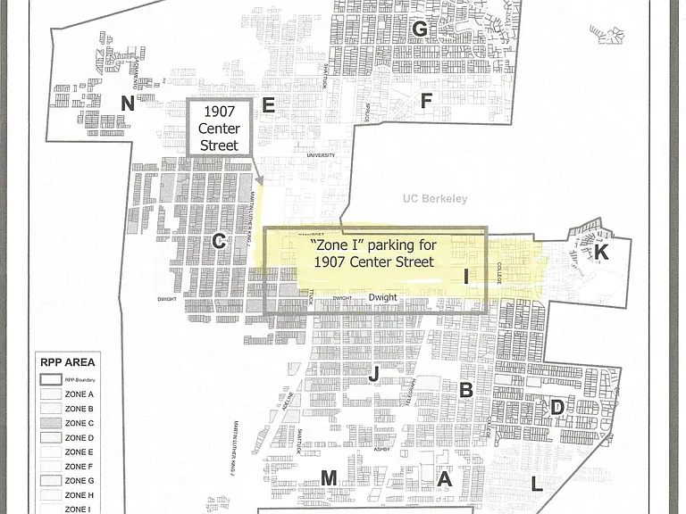 This map shows the Berkeley Area I parking zone that is available to tenants