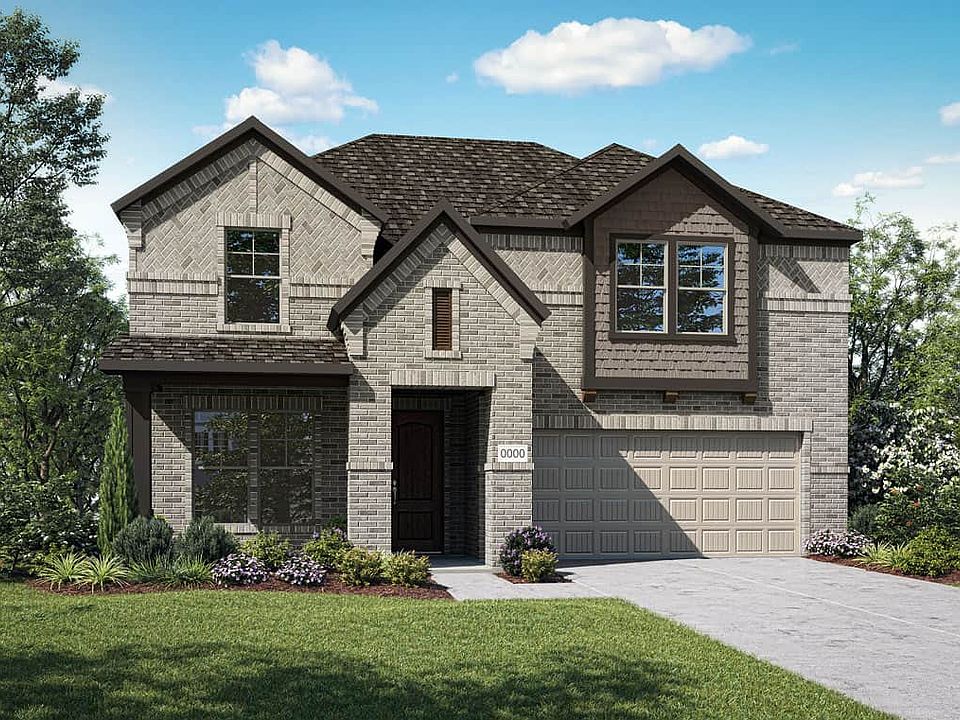 Elevation D is a two story brick home design with decorative shake details at second story window. M