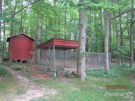 Utility shed has electricity. Dog kennel. In back of property.