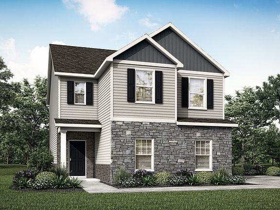Rendering of the 3-bedroom Burke, with stone, brick, and siding.