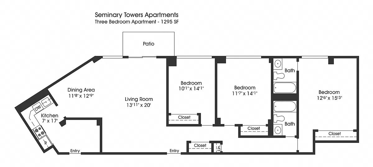 Floor plan 3BR 2BA (1295sf)