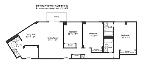 Floor plan 3BR 2BA (1295sf)