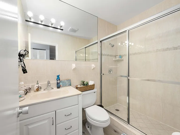 Newly remodeled bathroom with a shower.