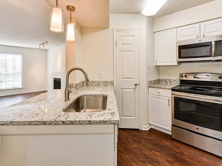 Granite countertops and stainless-steel appliances.