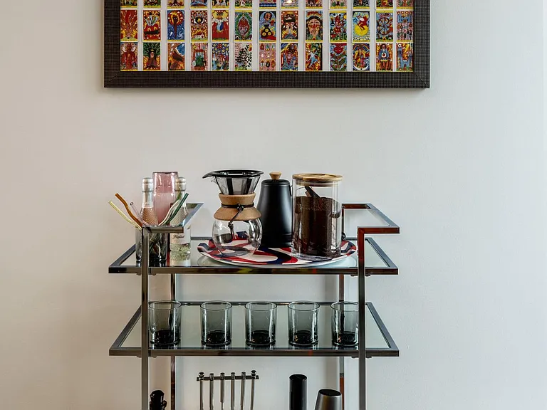 Stocked bar cart for coffee and wine drinkers!