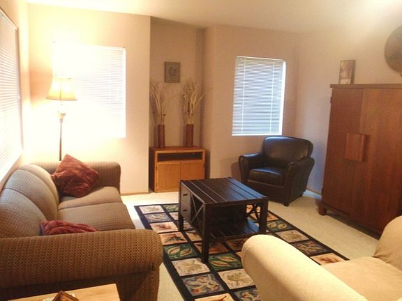 Living Room (drapes are missing in this photo) large enough to entertain or accomodate more guests with the pull out sofa bed.