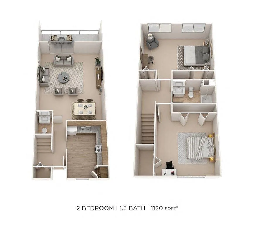Floor plan Two Bedroom 1.5 Bath Townhome- 1,120 sqft