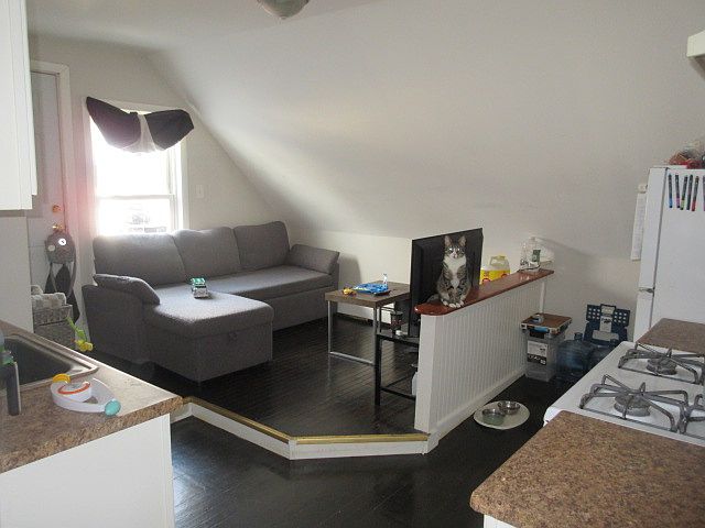 Kitchen. A couch has been temporally placed where the kitchen table is usually located.