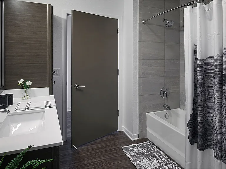 Apartment bathroom with wood-style flooring.