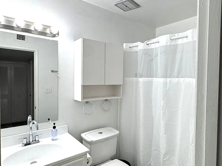 Bathroom with vanity and mirror, over-toilet storage, and a tub/shower combo with curtain for easy daily routines.