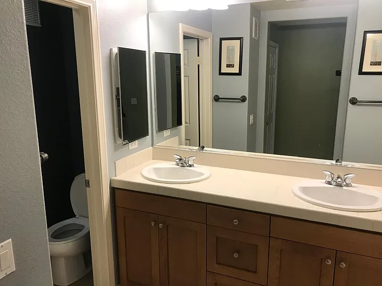 Dual sinks and separate toilet room in Master Bathroom.