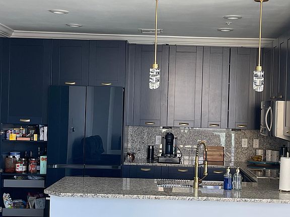 Matching refrigerator with kitchen cabinets. Brand new crystal drop lights.