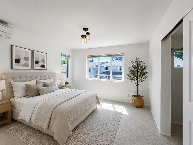 Master bedroom with ensuite bath, walk-in closet, and ductless heating and A/C