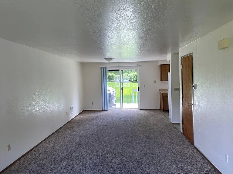 Spacious living room with sliding glass door leading to the private backyard. Photos taken before new flooring installation.