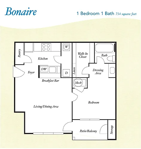 Floor plan A4 - Bonaire - One Bedroom, One Bathroom