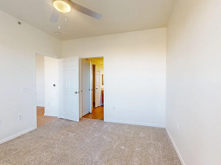 Spacious apartment bedroom with attached bathroom and plush carpet flooring.