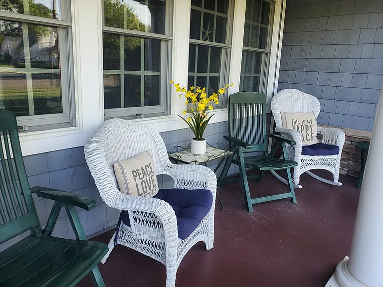 Front porch with overhead fan.