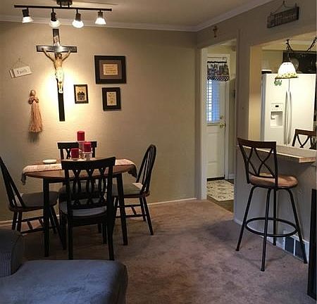 Dining area plus new pass-thru to Kitchen - hardwood floors under w/w