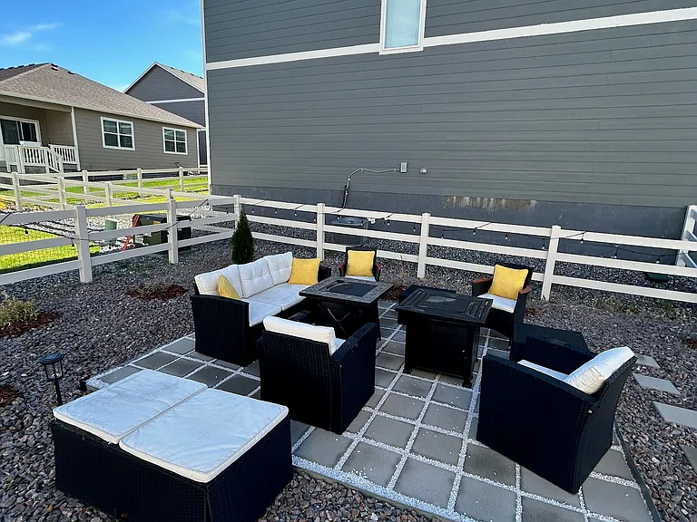 Backyard seating area and fire pit