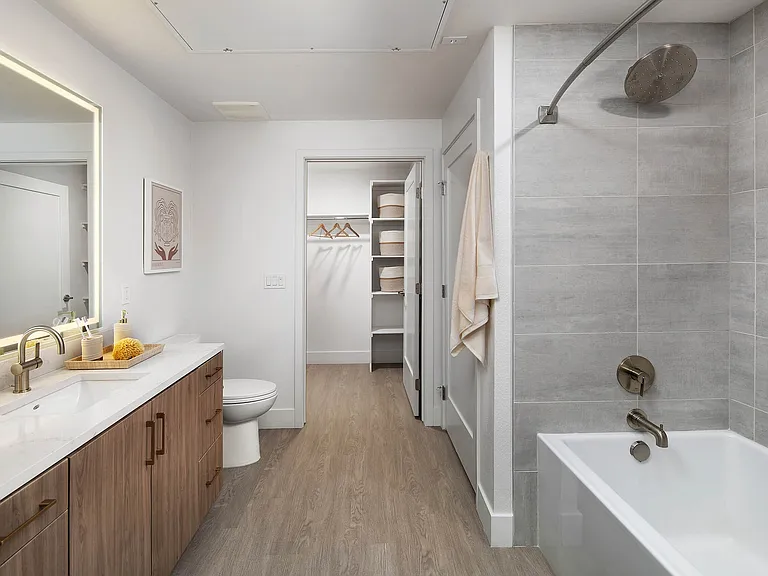Modern bathroom with wood vanities
