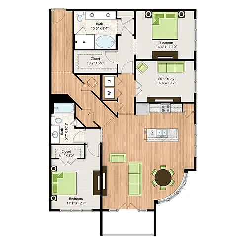 Floor plan Two Bedroom Two Bath with Den (1750 SF)