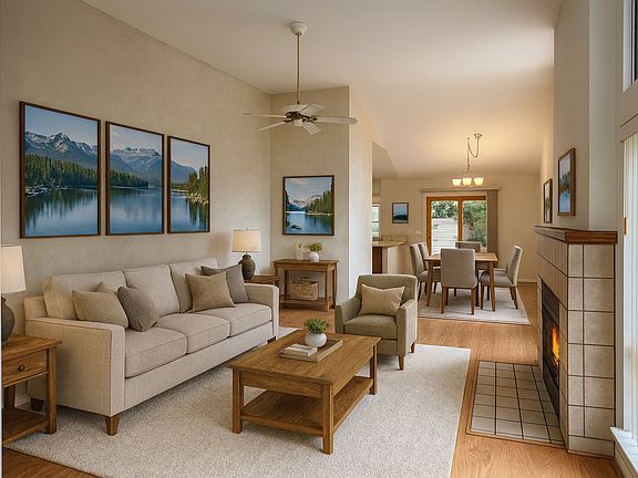 Living room and dining room, leading to the backyard.