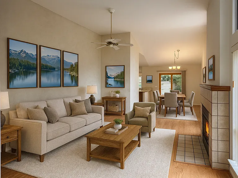 Living room and dining room, leading to the backyard.
