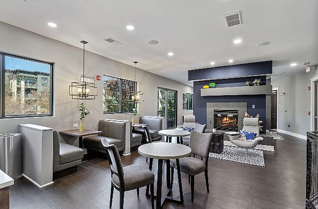 Clubroom with cafe and fireplace