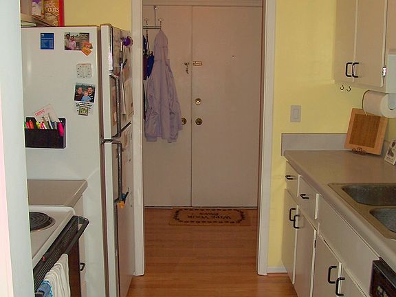 Look through the kitchen into entryway (not the NEW laminate floor)