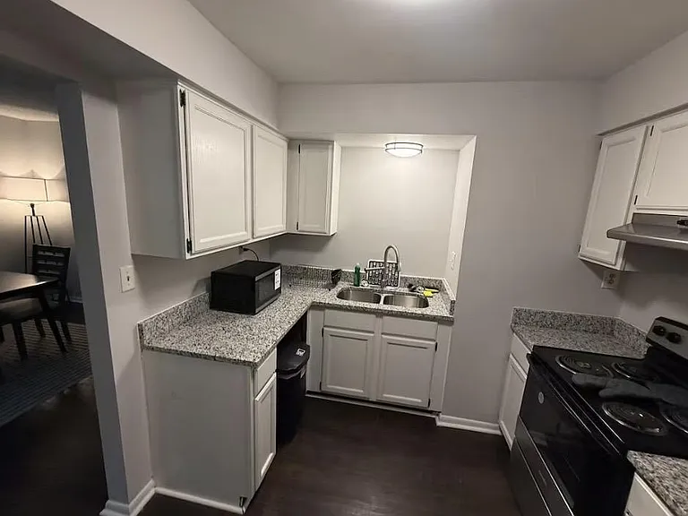 Efficient U-shaped kitchen with ample cabinet storage, generous counters, and a double-basin sink for easy meal prep.