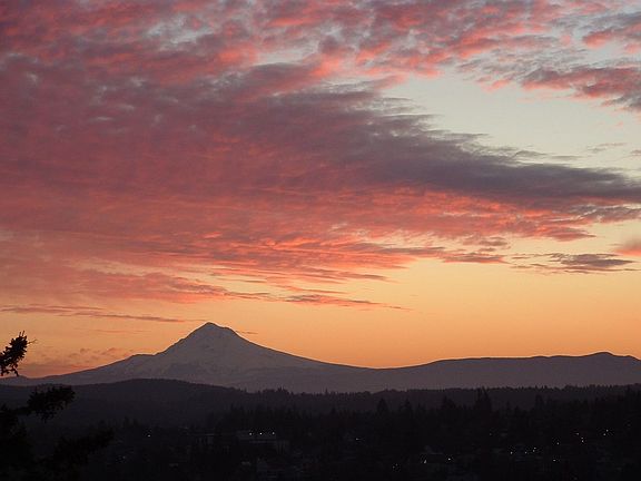 Mt. Hood sunrise view from upper balcony deck