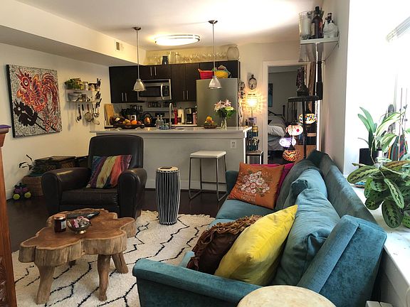 Open-plan kitchen, breakfast bar, and living room.