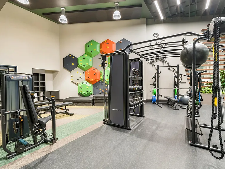 Push your limits in a fitness space designed for performance_complete with strength training stations, functional equipment, and a bold climbing wall.