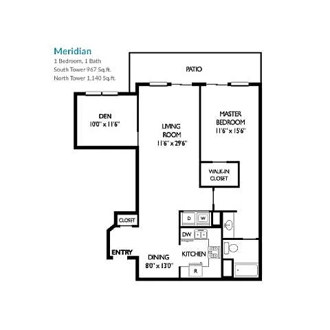 Floor plan South Tower Meridian with Den Option