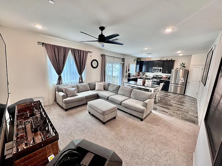 Living area view to kitchen