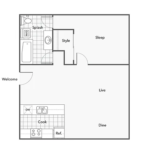 Floor plan 1 BR x 1 BA with Washer & Dryer