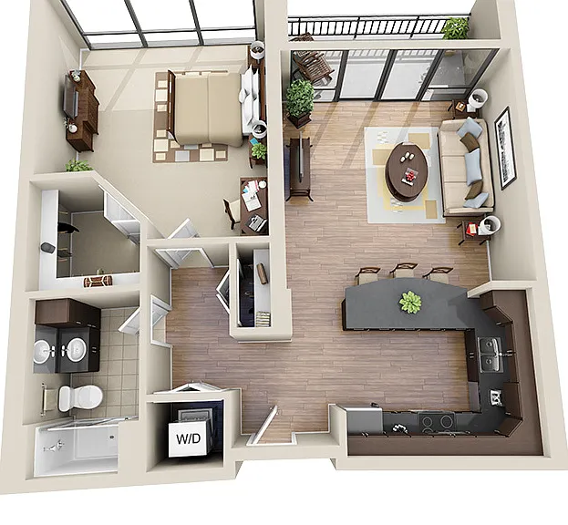 848-990 square foot 1 bed apartment with 1 bath luxury vinyl tile floors and private balcony