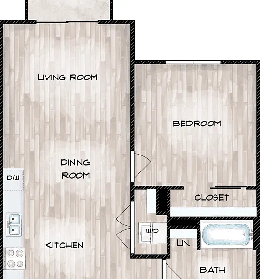 1 Bed 1 Bath B Floorplan Diagram