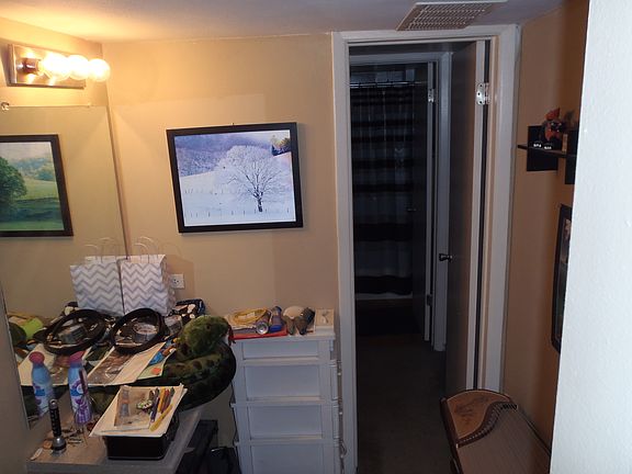 Vanity and bathroom in the back