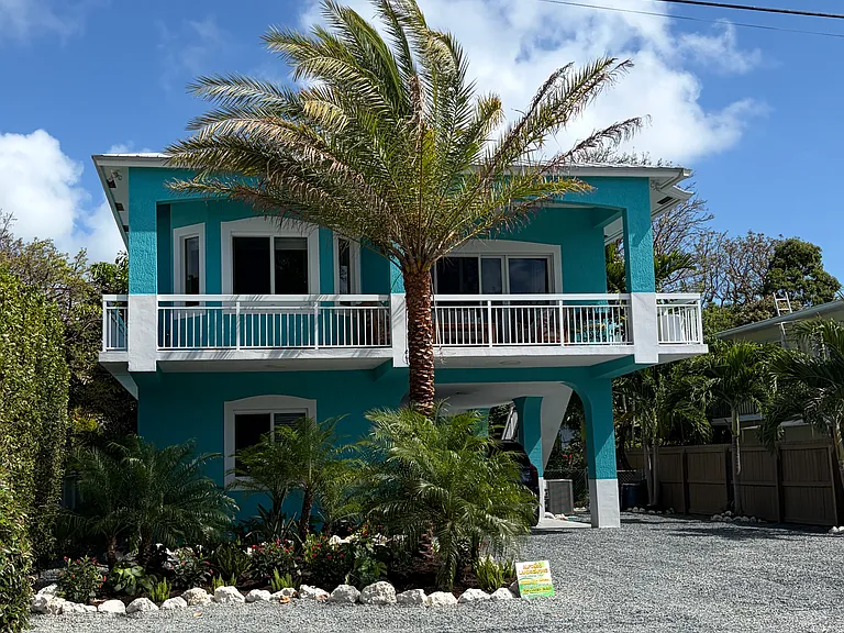 Front yard parking for one car on the right side. Grey Granite stone entire front and side parking area with palm trees on both sides of the carport area