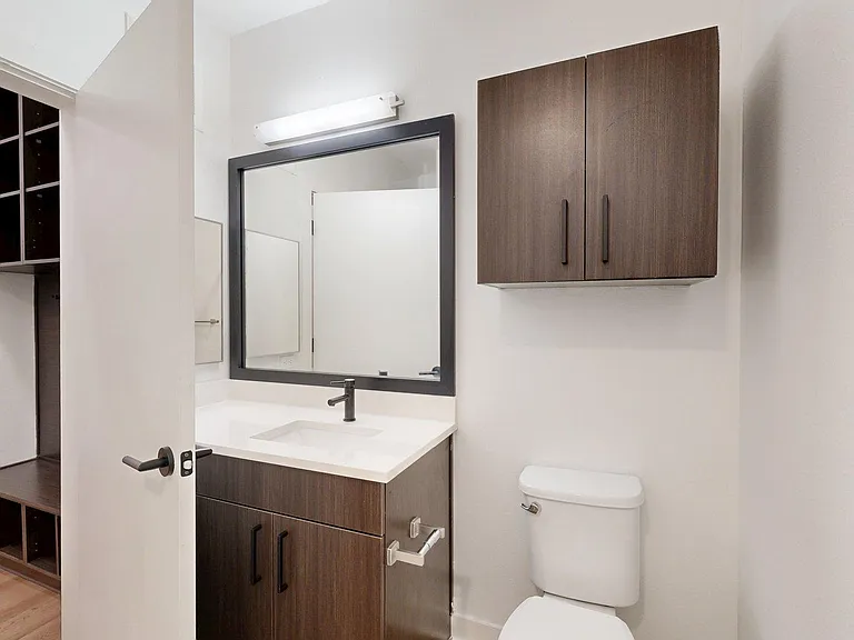 Apartment bathroom with wood-style flooring.