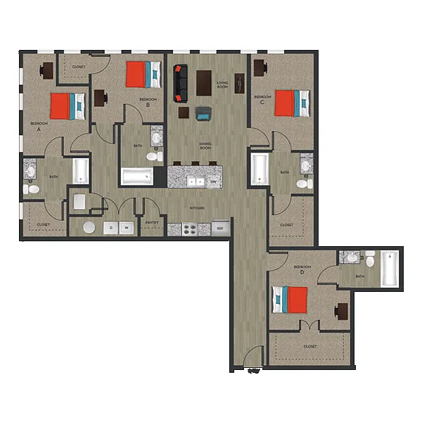 Floor plan D4 - Private Bedroom in 4x4