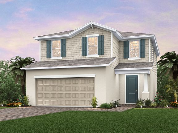 The Starboard, a two-story home with a 2 car garage, shown as Home Exterior C2B