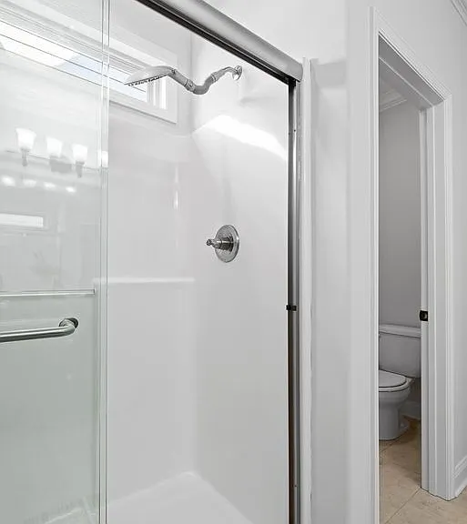 Master bath stand alone shower with sliding glass door, toilet room beyond.