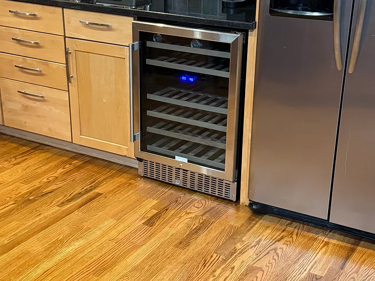 New Wine Cooler, And mixed Oak flooring in Kitchen, The Nelson Wells House - Athens Georgia. Comfy downtown living near UGA, 2 hospitals, Med school, & Vet Medicine, University of Georgia